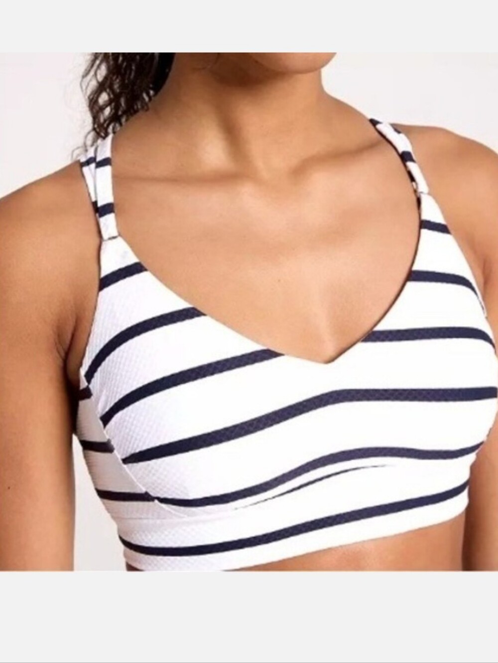 NWT CALIA Womens Strappy Back Ruched Bikini Swim Top White Navy Stripe Size XXL